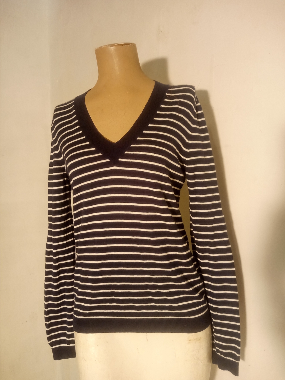 J. Crew Navy and White Striped V-Neck Sweater